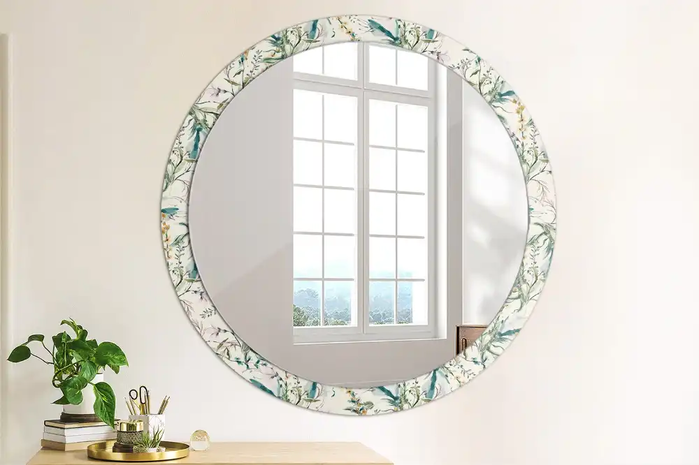 Oglindă rotundă decorativă de perete cu model de flori în acuarelă