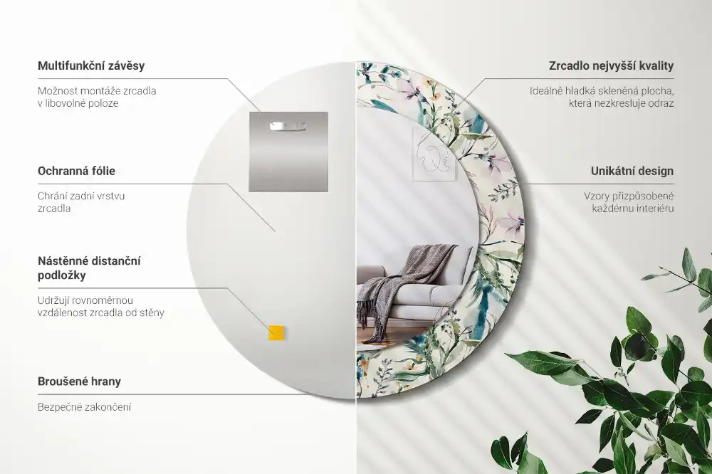 Oglindă rotundă decorativă de perete cu model de flori în acuarelă