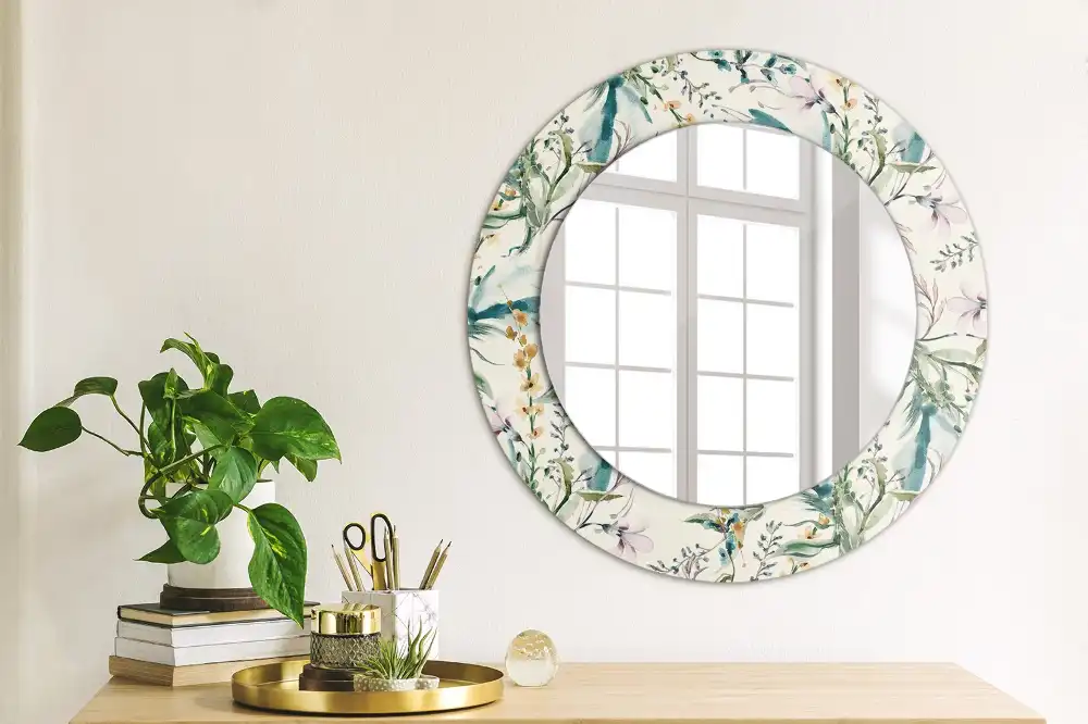 Oglindă rotundă decorativă de perete cu model de flori în acuarelă