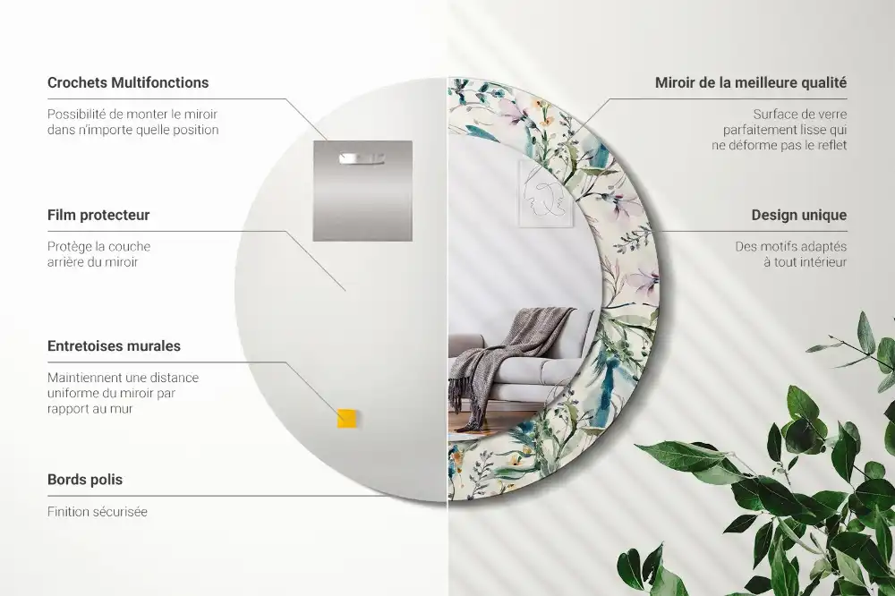 Oglindă rotundă decorativă de perete cu model de flori în acuarelă