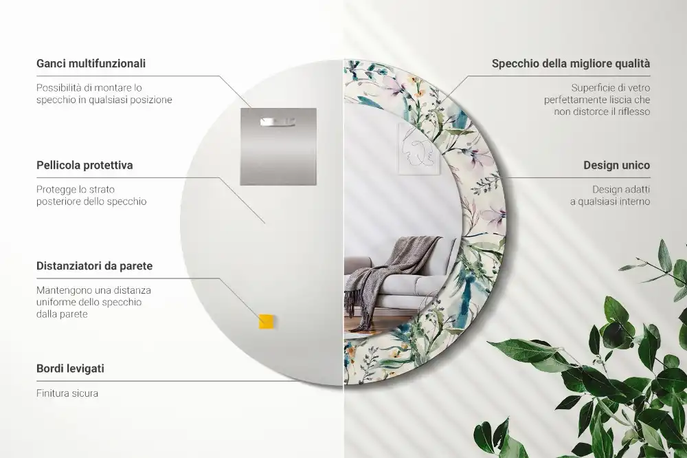 Oglindă rotundă decorativă de perete cu model de flori în acuarelă