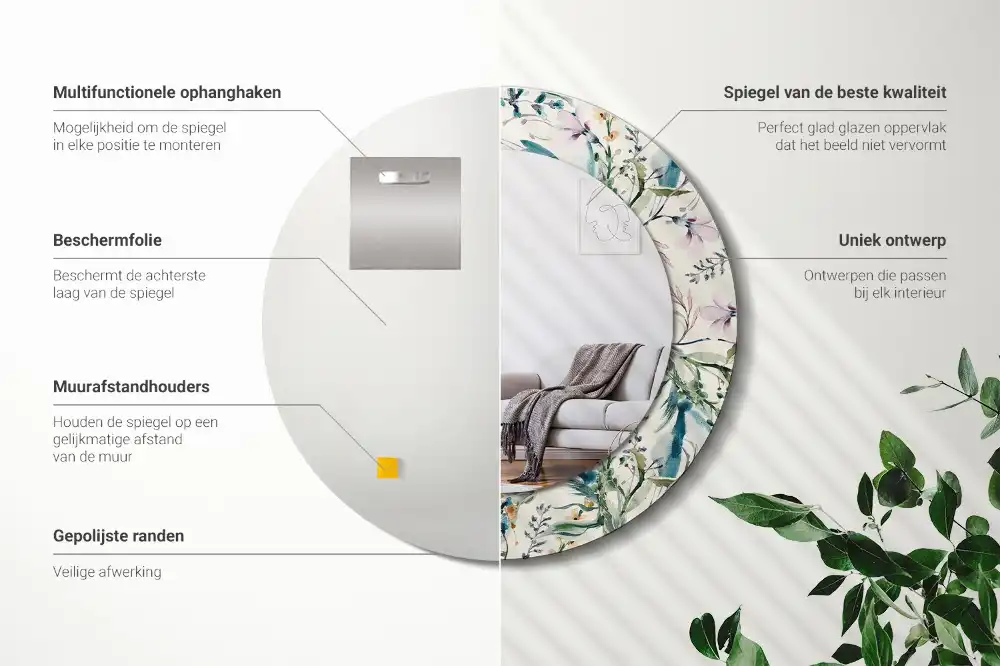Oglindă rotundă decorativă de perete cu model de flori în acuarelă