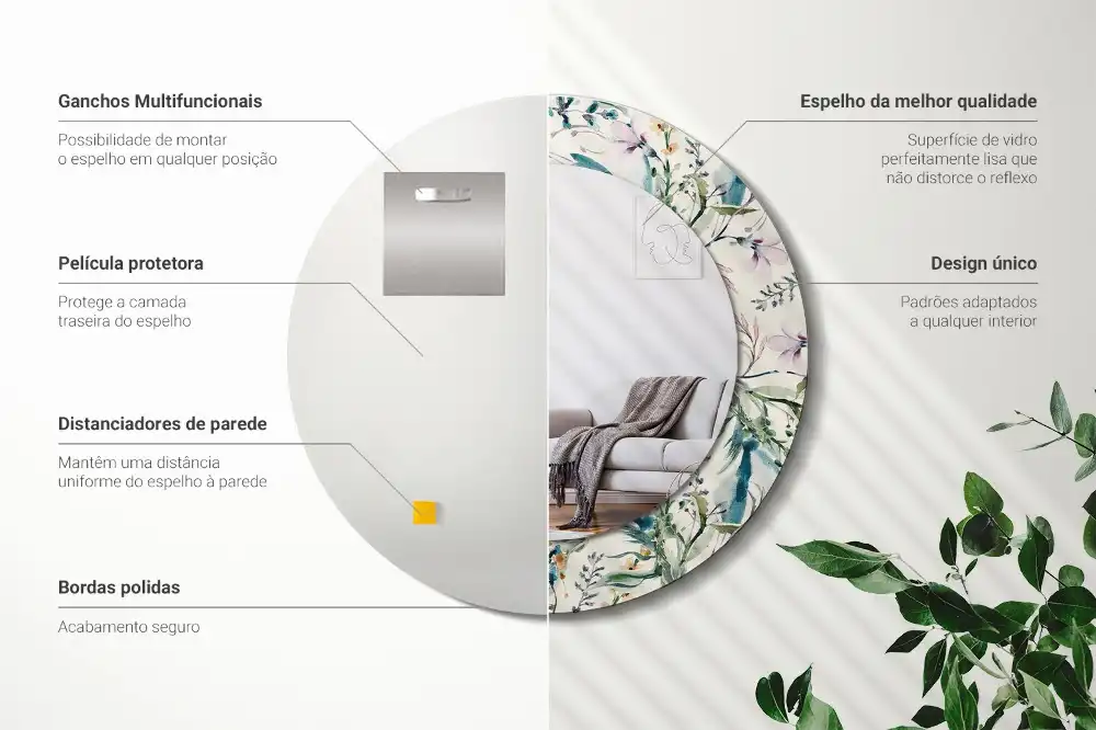 Oglindă rotundă decorativă de perete cu model de flori în acuarelă