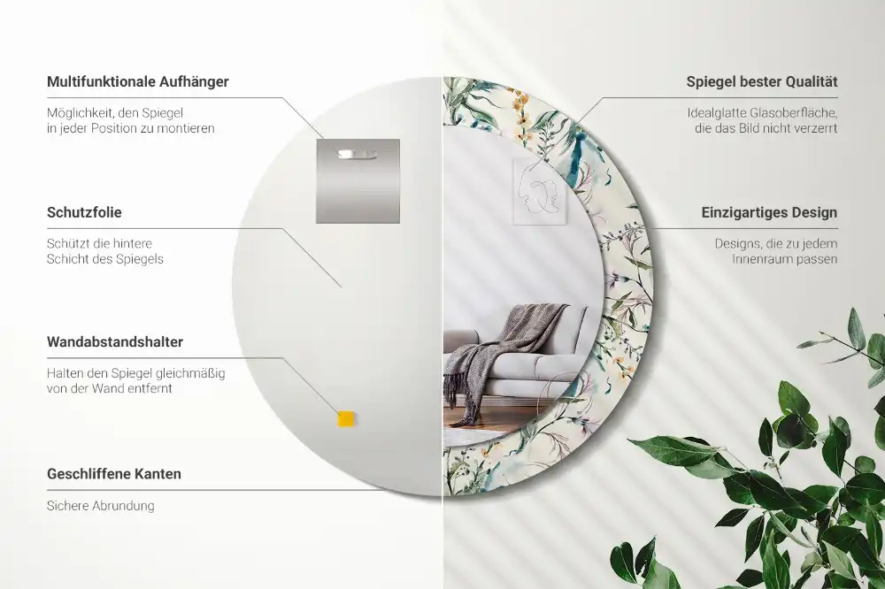Oglindă rotundă decorativă de perete cu model de flori în acuarelă