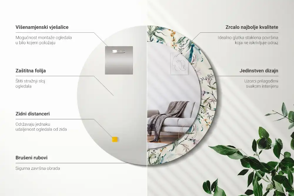 Oglindă rotundă decorativă de perete cu model de flori în acuarelă
