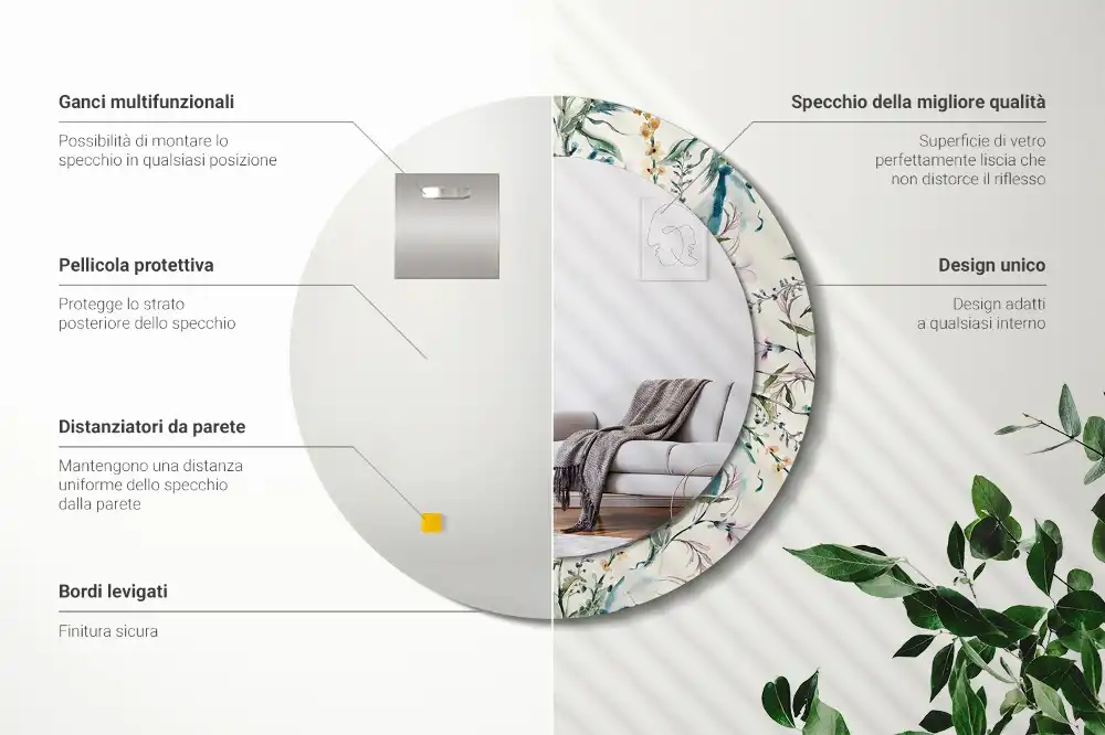 Oglindă rotundă decorativă de perete cu model de flori în acuarelă