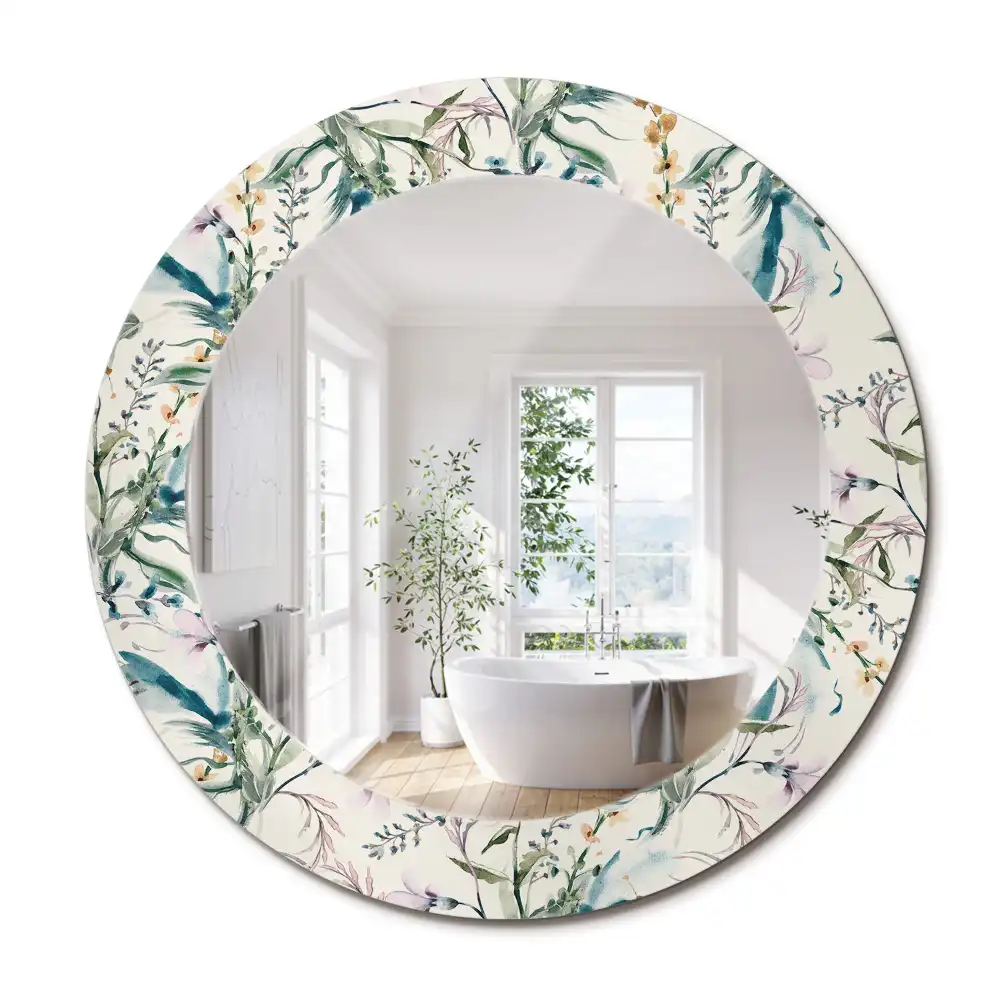Oglindă rotundă decorativă de perete cu model de flori în acuarelă
