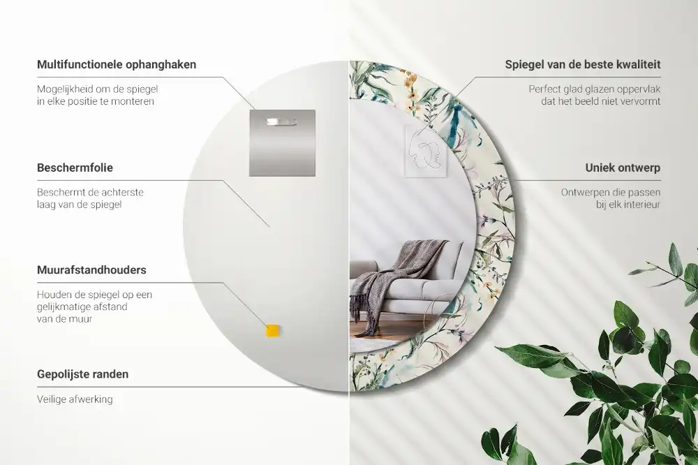Oglindă rotundă decorativă de perete cu model de flori în acuarelă