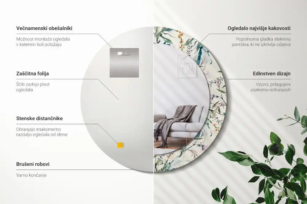 Oglindă rotundă decorativă de perete cu model de flori în acuarelă