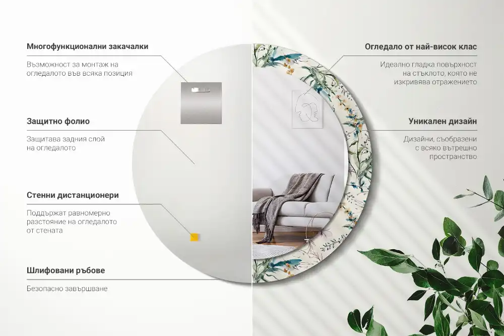 Oglindă rotundă decorativă de perete cu model de flori în acuarelă