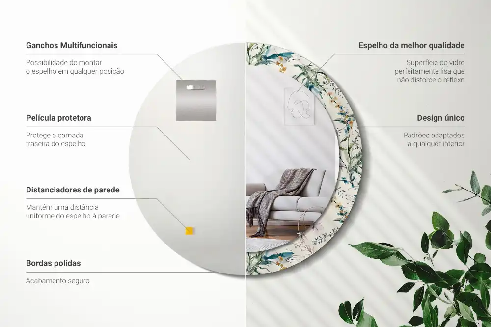 Oglindă rotundă decorativă de perete cu model de flori în acuarelă