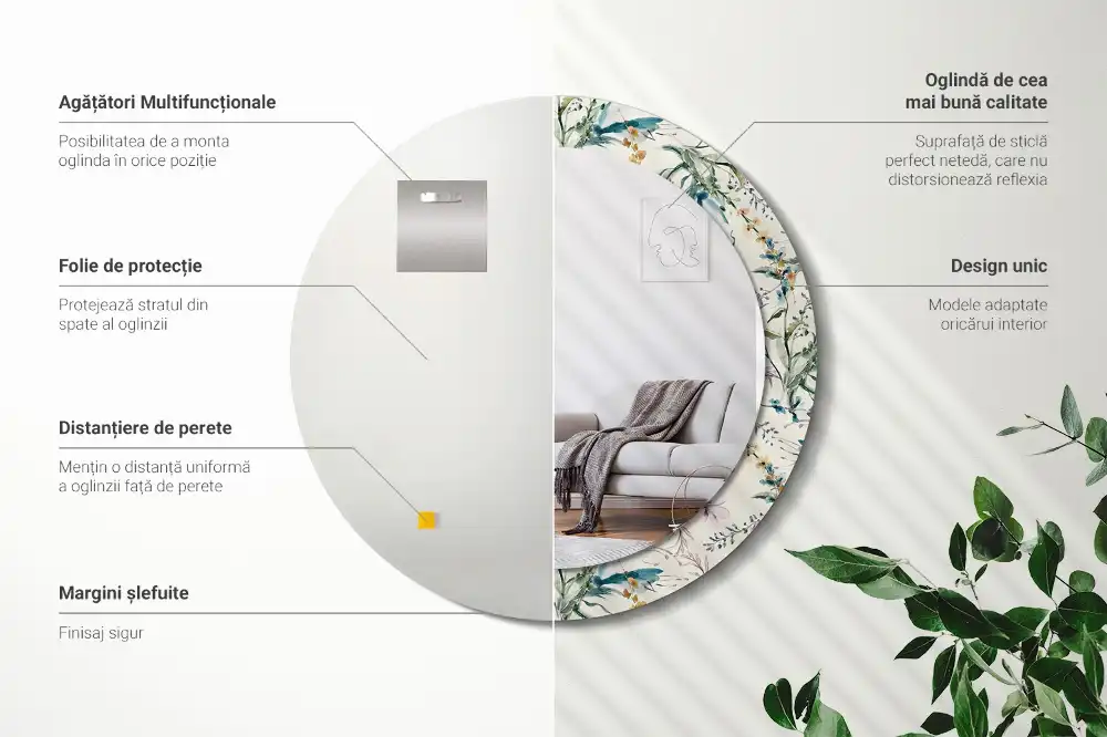 Oglindă rotundă decorativă de perete cu model de flori în acuarelă