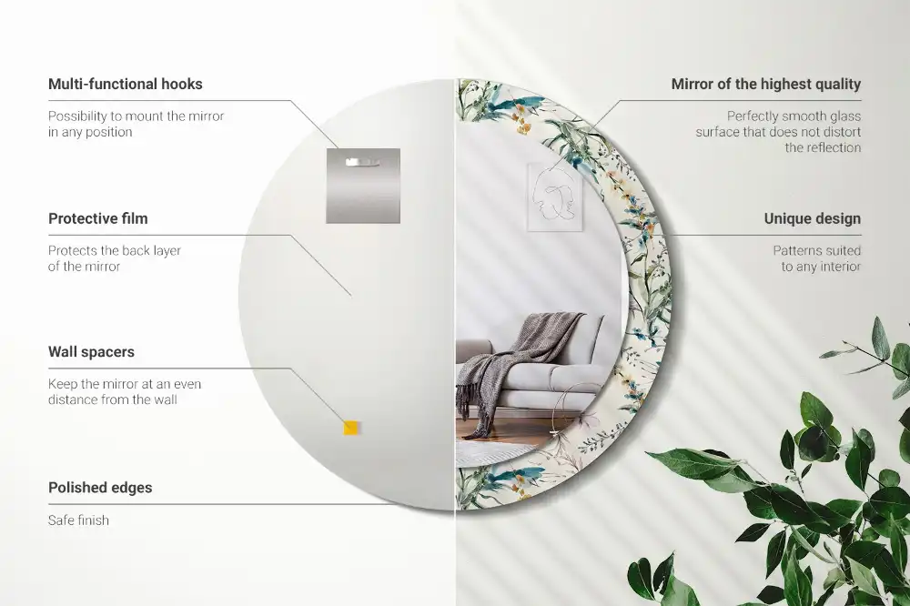 Oglindă rotundă decorativă de perete cu model de flori în acuarelă