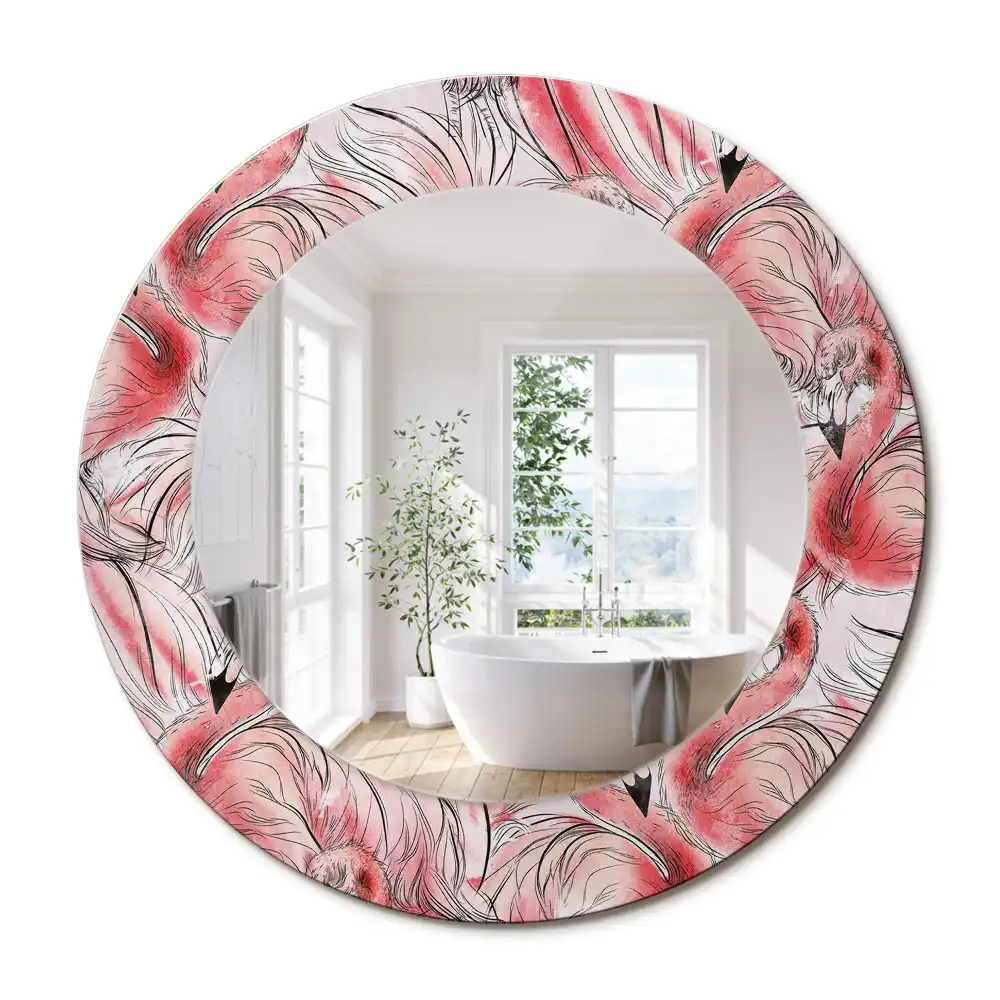 Oglindă rotundă cu ramă imprimată cu flamingo