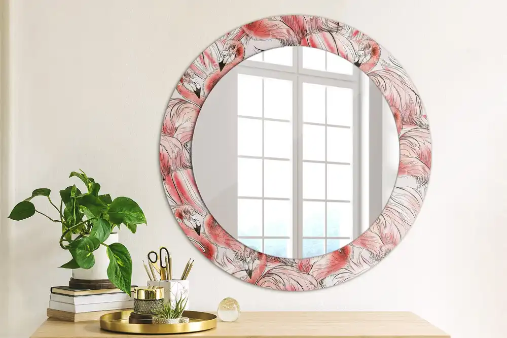 Oglindă rotundă cu ramă imprimată cu flamingo