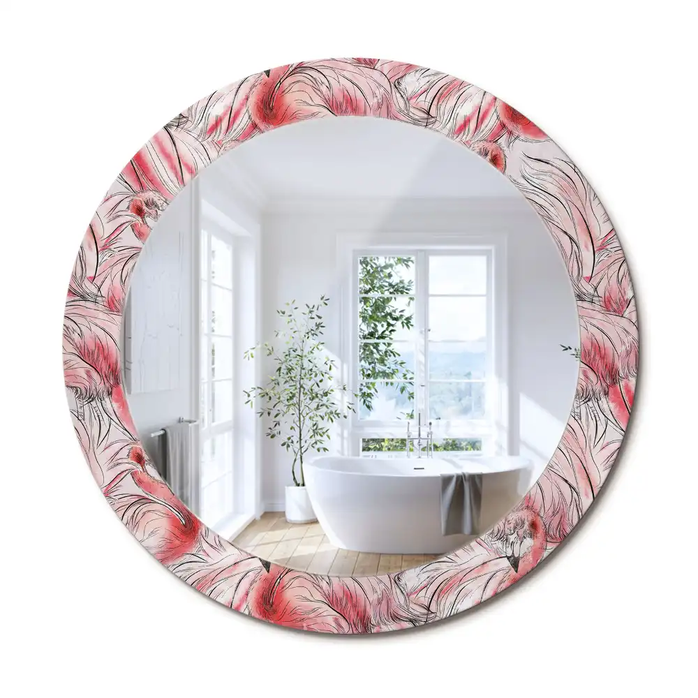 Oglindă rotundă cu ramă imprimată cu flamingo