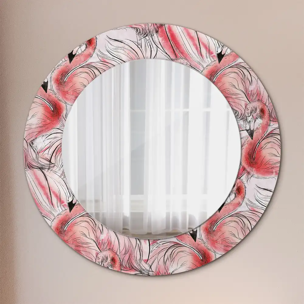 Oglindă rotundă cu ramă imprimată cu flamingo