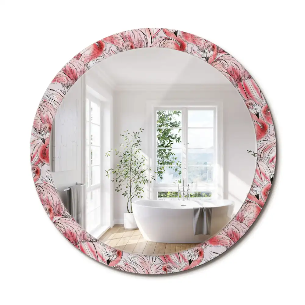 Oglindă rotundă cu ramă imprimată cu flamingo