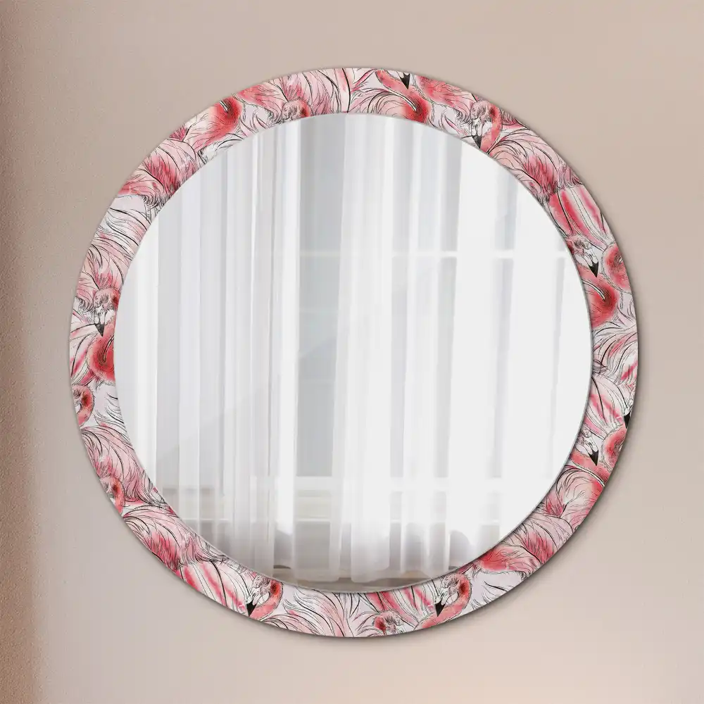 Oglindă rotundă cu ramă imprimată cu flamingo