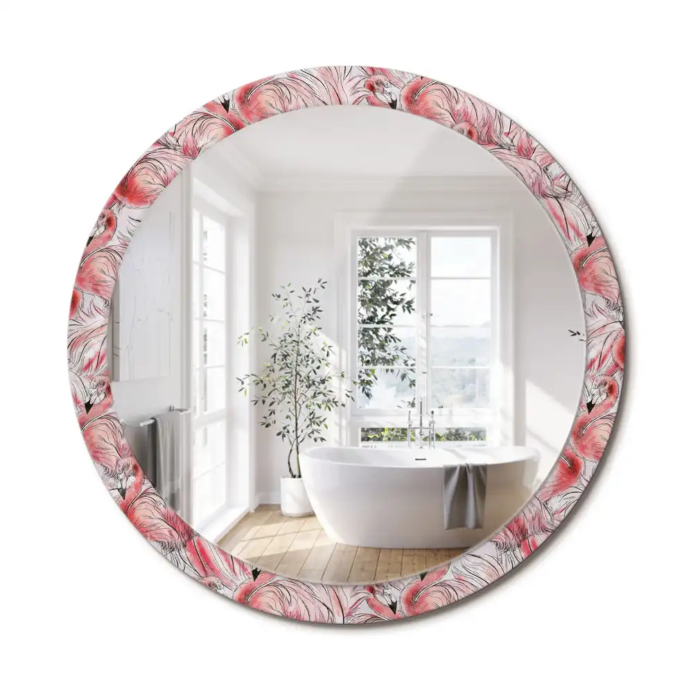 Oglindă rotundă cu ramă imprimată cu flamingo