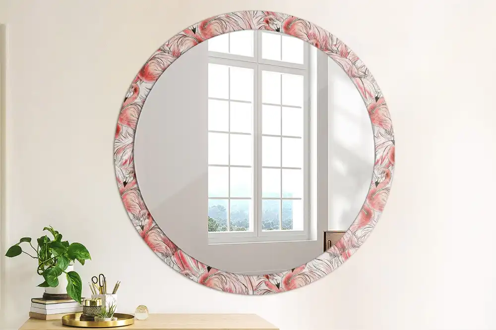 Oglindă rotundă cu ramă imprimată cu flamingo