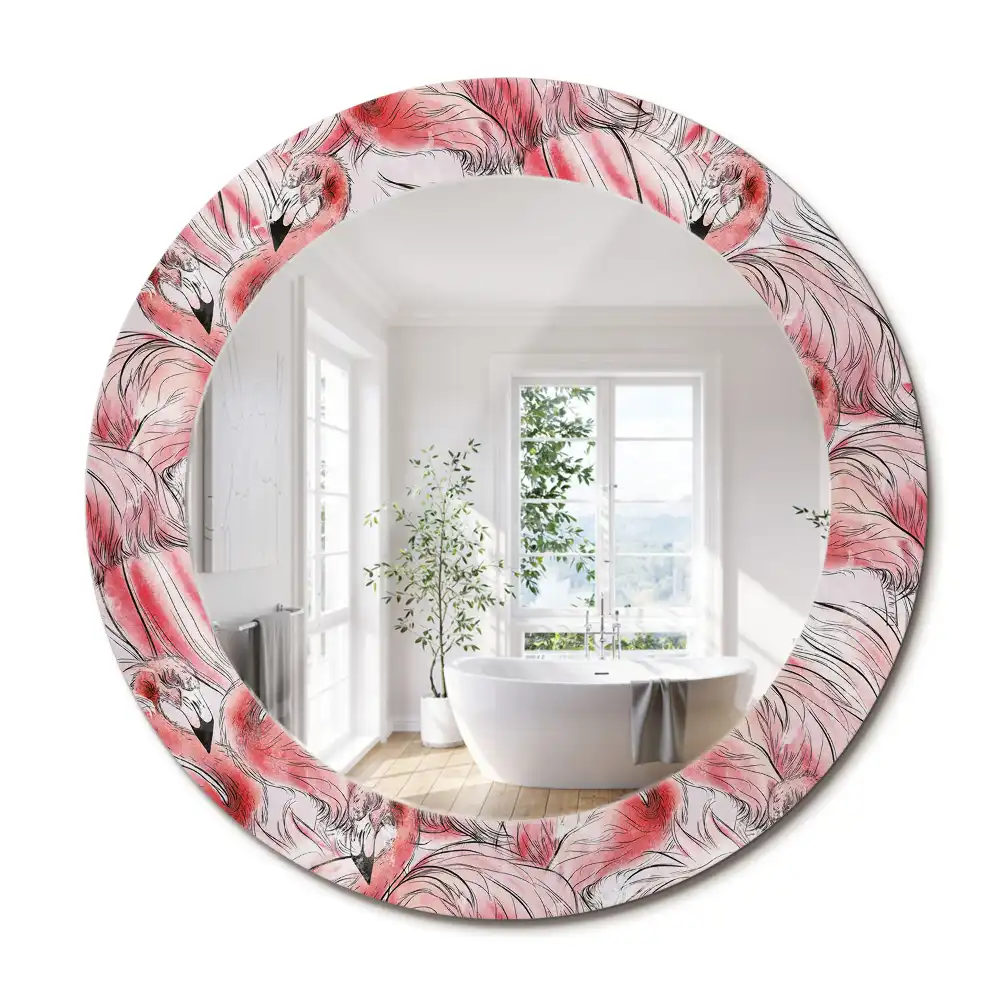 Oglindă rotundă cu ramă imprimată cu flamingo