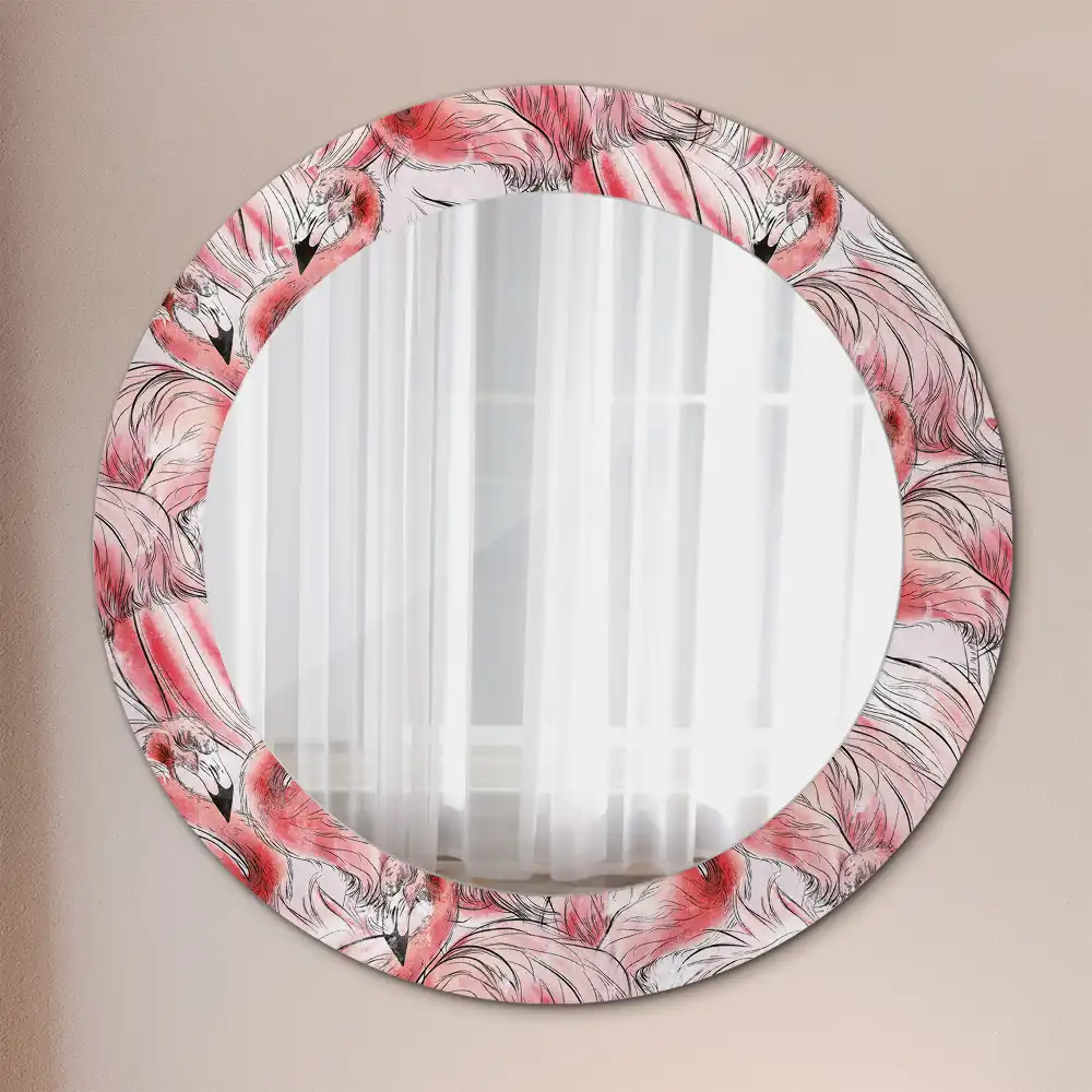 Oglindă rotundă cu ramă imprimată cu flamingo