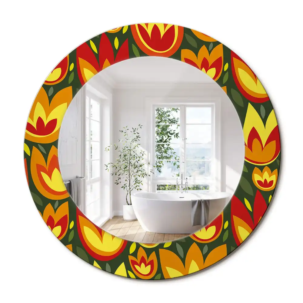 Oglindă rotundă decorativă cu model retro lalele