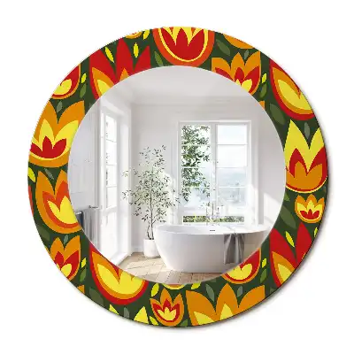 Oglindă rotundă decorativă cu model retro lalele