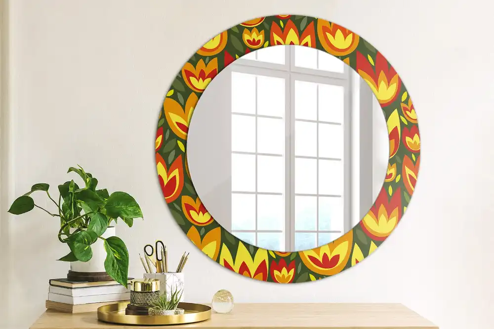Oglindă rotundă decorativă cu model retro lalele