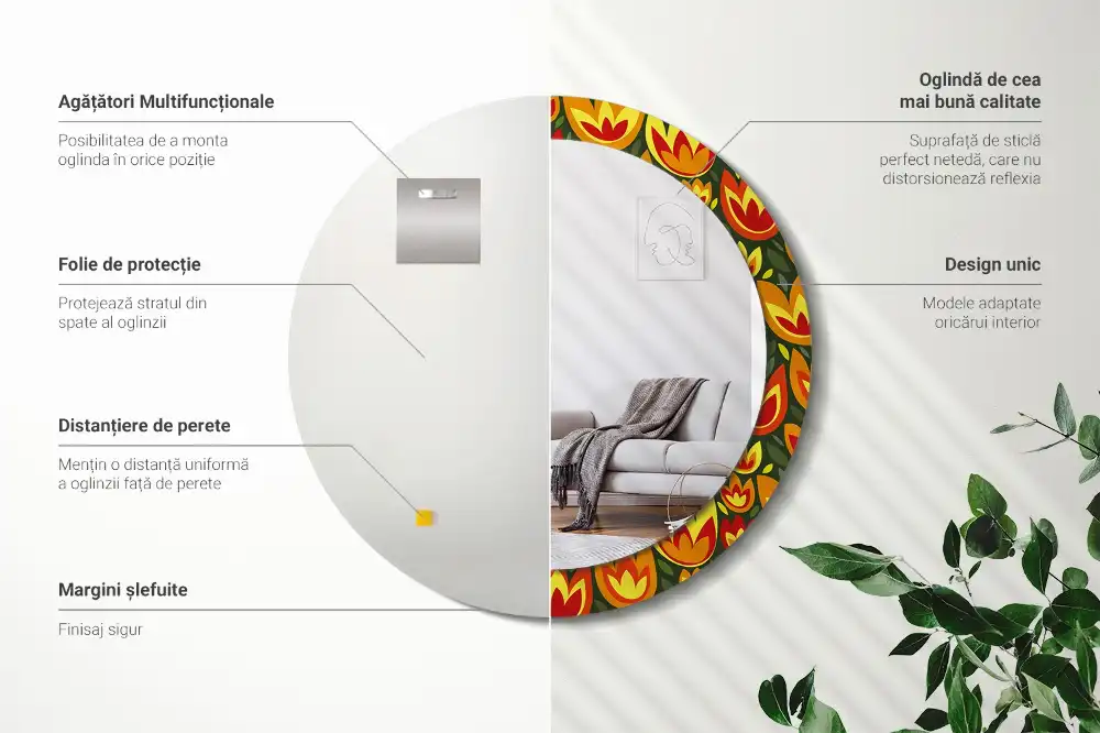Oglindă rotundă decorativă cu model retro lalele