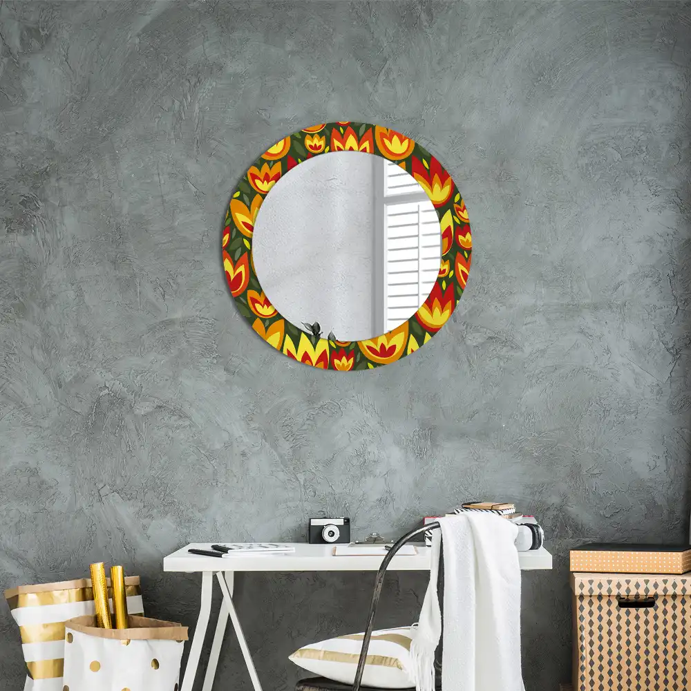 Oglindă rotundă decorativă cu model retro lalele