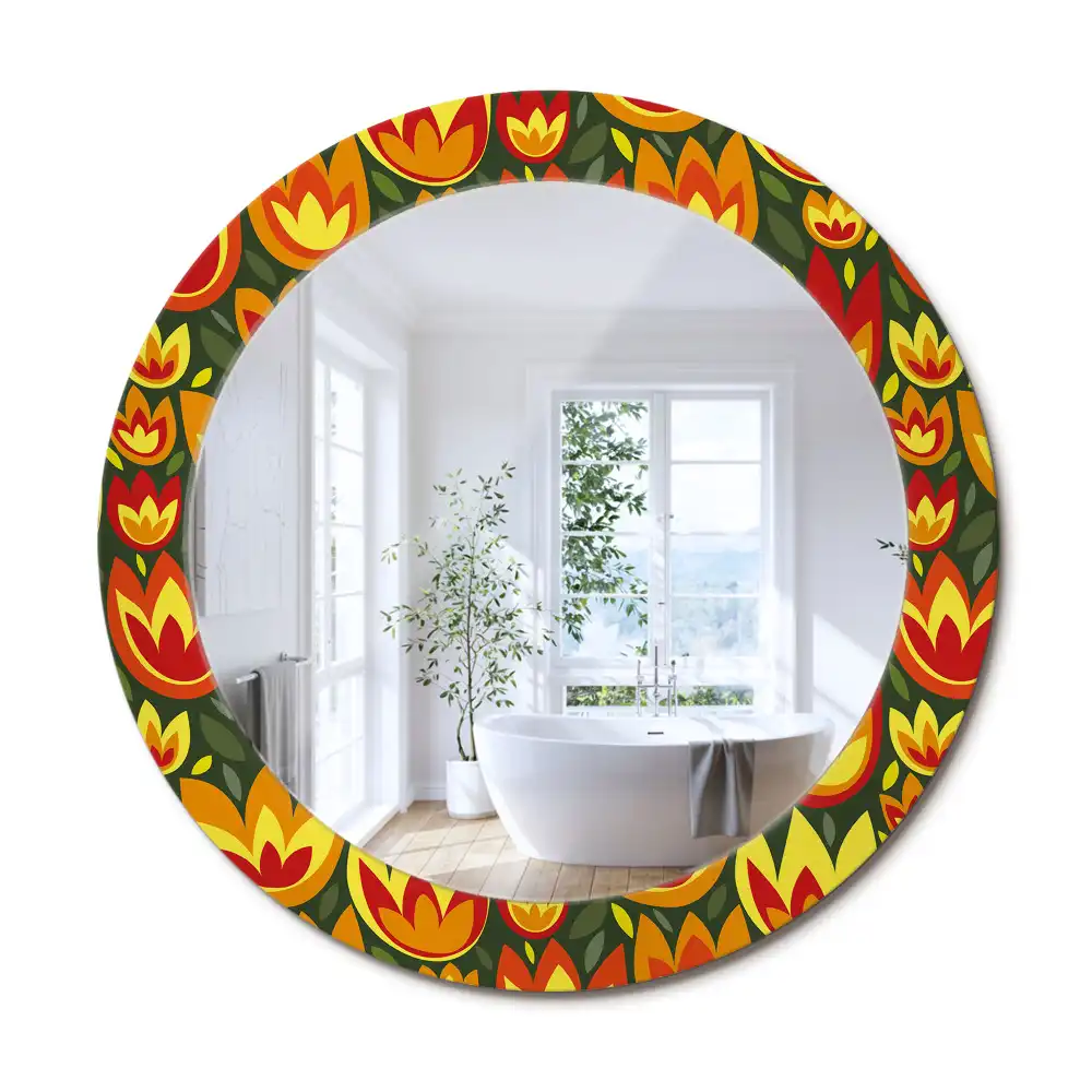 Oglindă rotundă decorativă cu model retro lalele