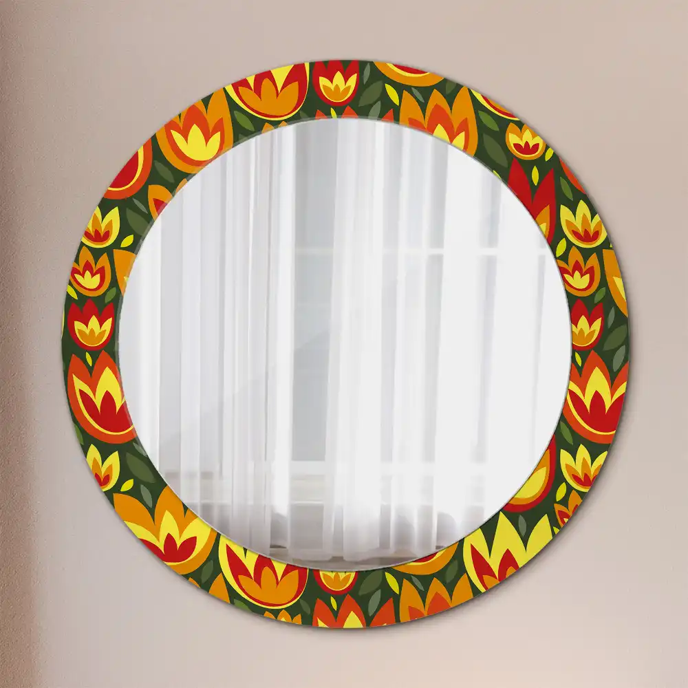 Oglindă rotundă decorativă cu model retro lalele