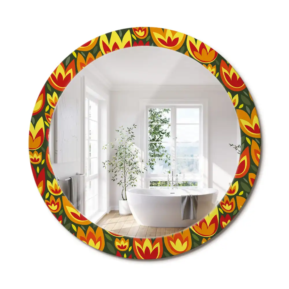 Oglindă rotundă decorativă cu model retro lalele