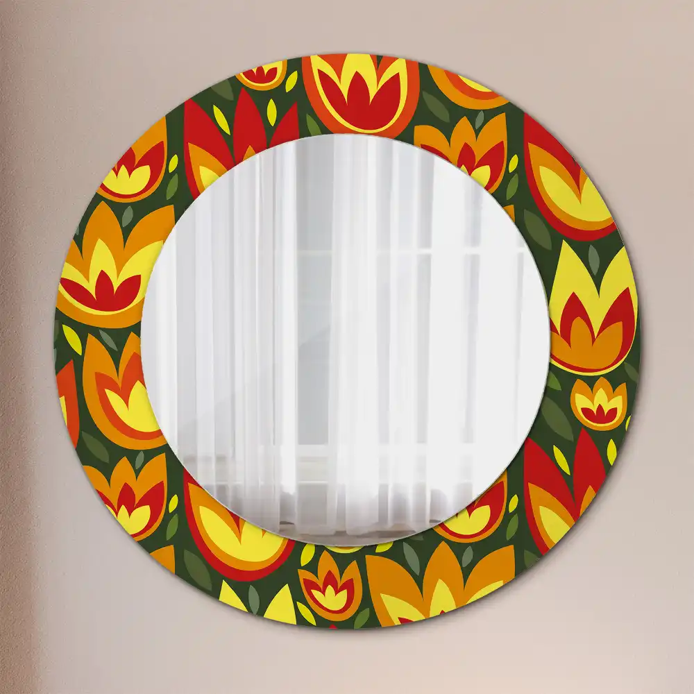 Oglindă rotundă decorativă cu model retro lalele