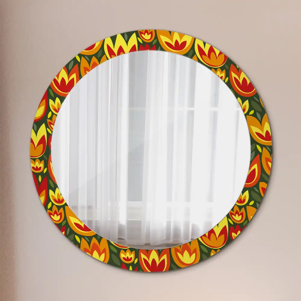Oglindă rotundă decorativă cu model retro lalele