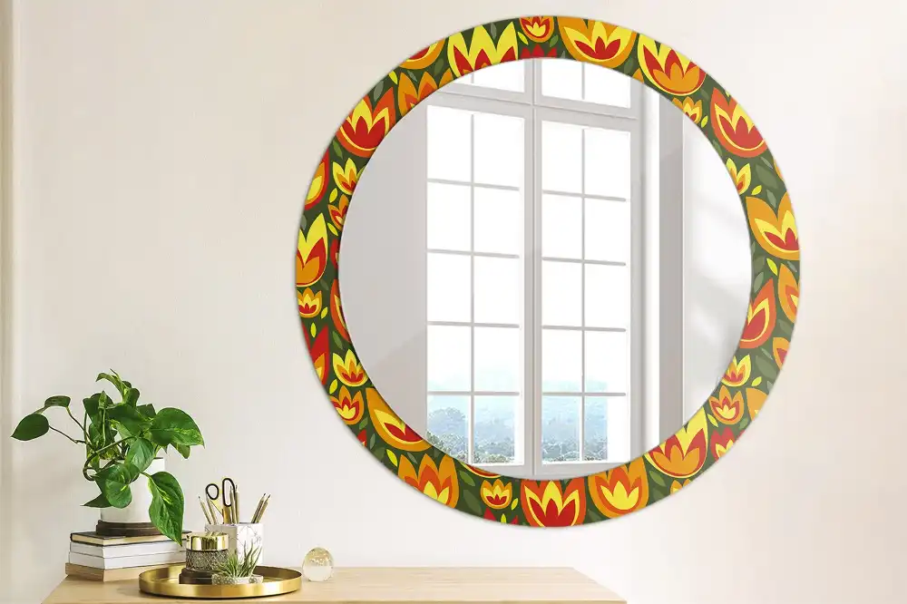 Oglindă rotundă decorativă cu model retro lalele