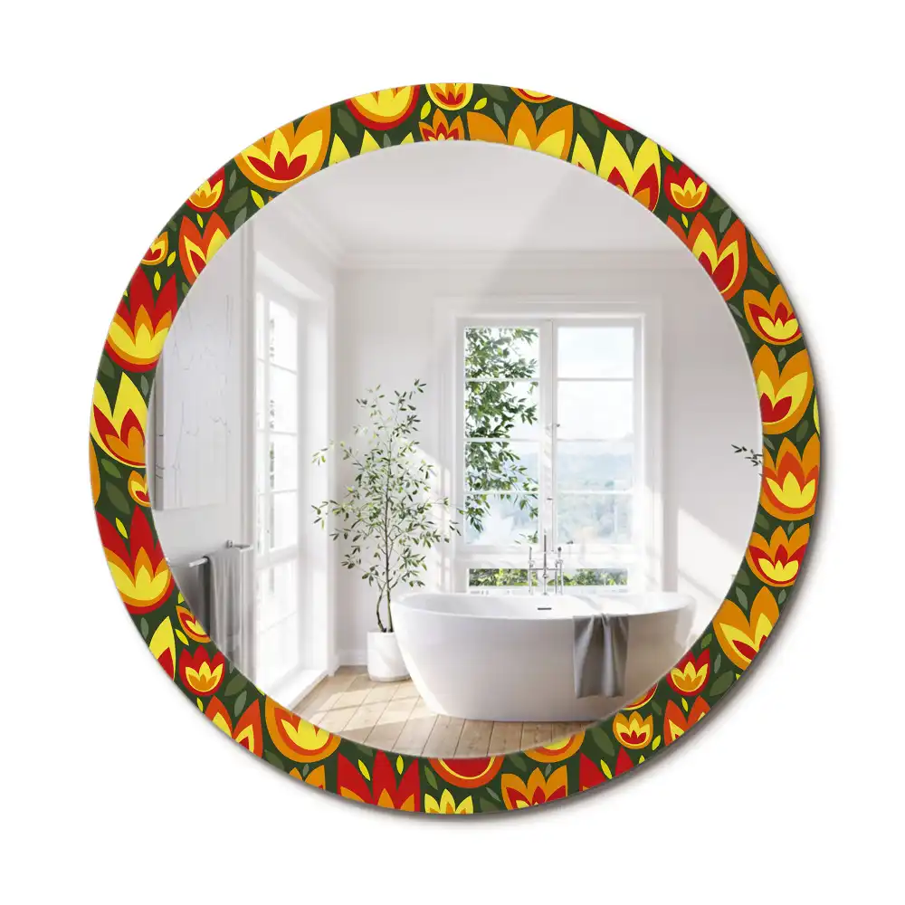 Oglindă rotundă decorativă cu model retro lalele