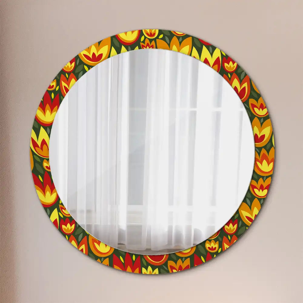 Oglindă rotundă decorativă cu model retro lalele