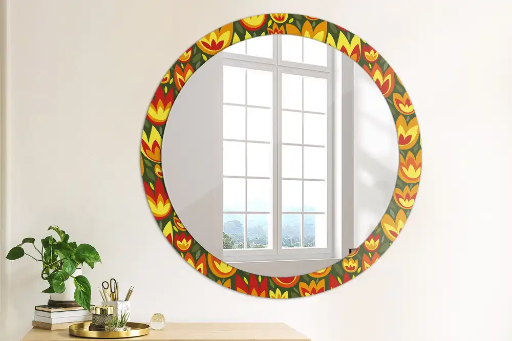 Oglindă rotundă decorativă cu model retro lalele