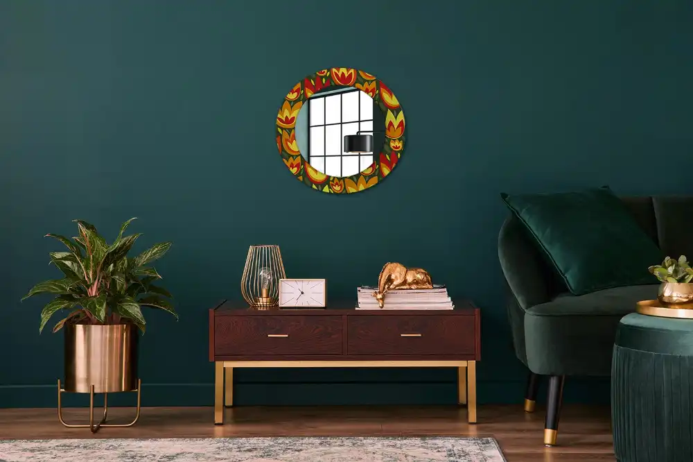 Oglindă rotundă decorativă cu model retro lalele