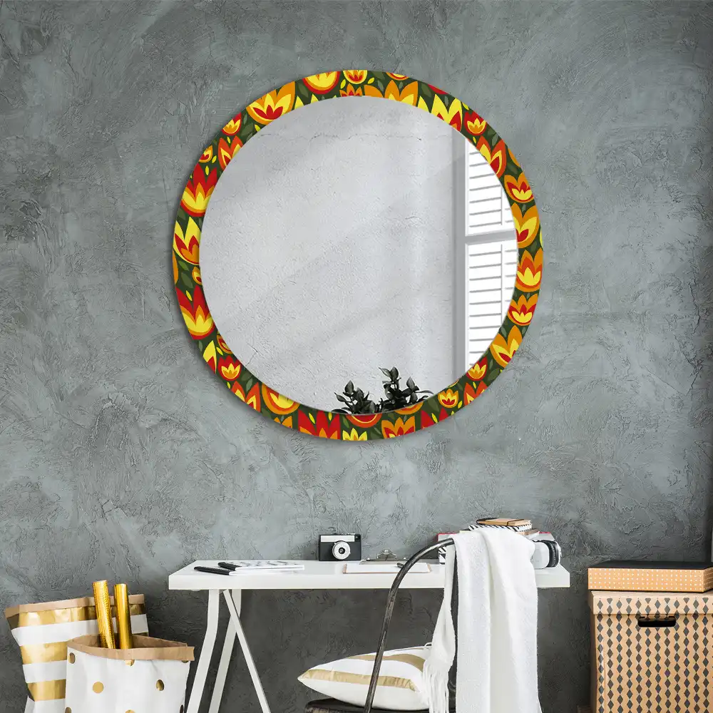 Oglindă rotundă decorativă cu model retro lalele