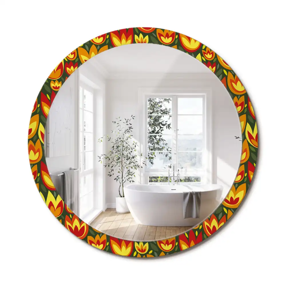 Oglindă rotundă decorativă cu model retro lalele