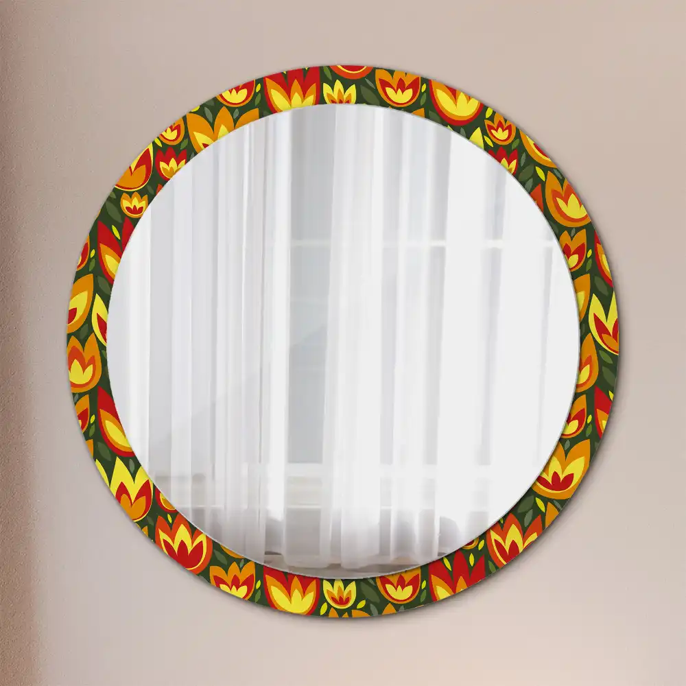 Oglindă rotundă decorativă cu model retro lalele