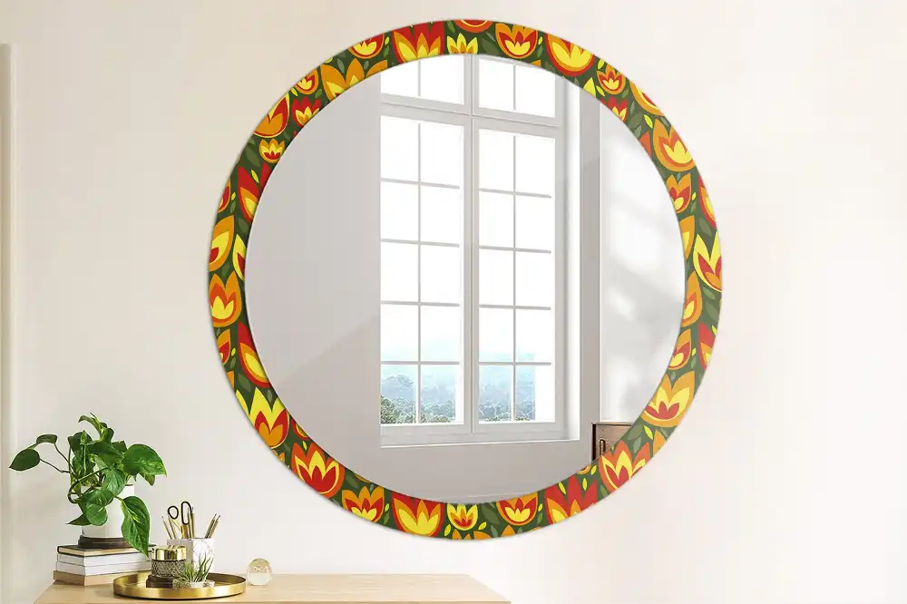 Oglindă rotundă decorativă cu model retro lalele