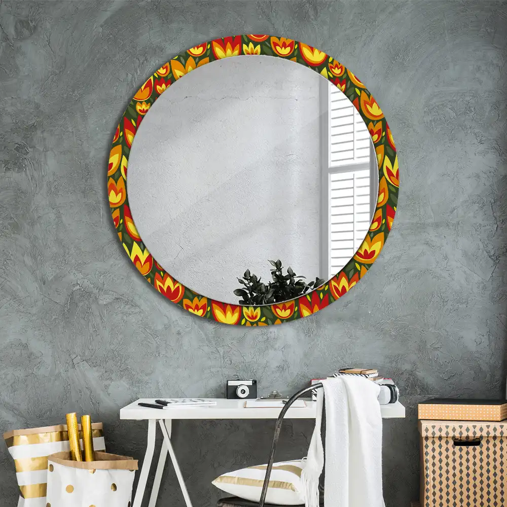 Oglindă rotundă decorativă cu model retro lalele