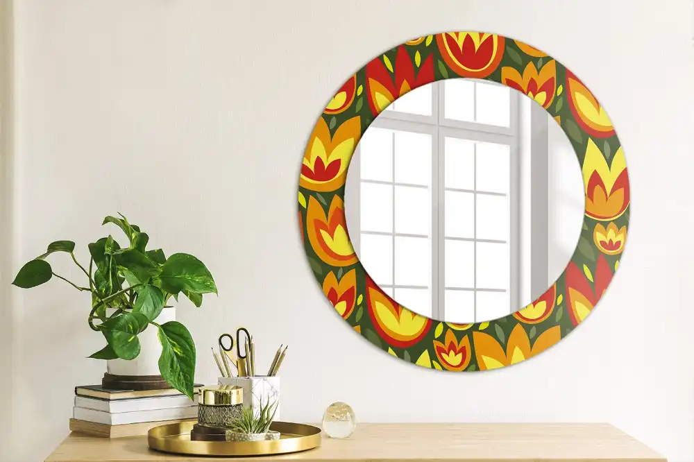 Oglindă rotundă decorativă cu model retro lalele