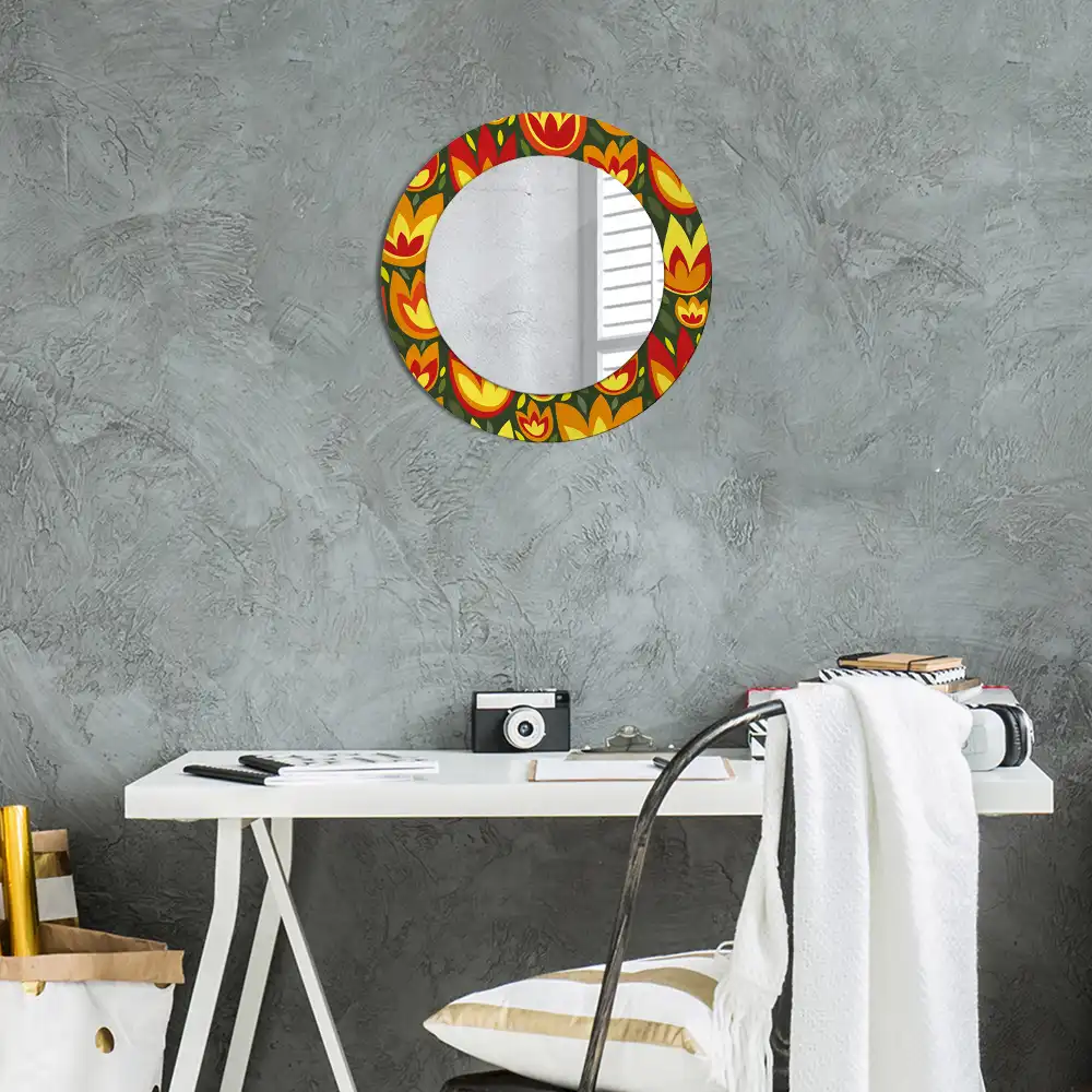 Oglindă rotundă decorativă cu model retro lalele