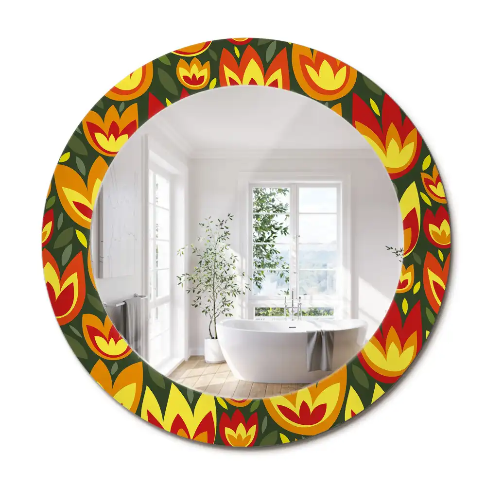 Oglindă rotundă decorativă cu model retro lalele
